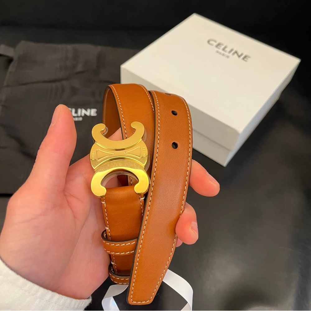 Celine Tan Leather Belt with Brass Buckle